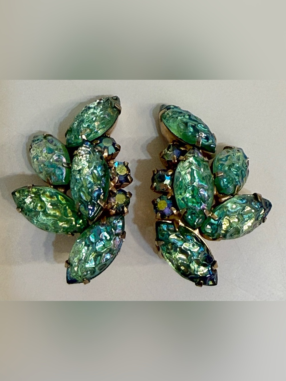 Vintage Clip on Earrings Green Iridescent Textured Stone